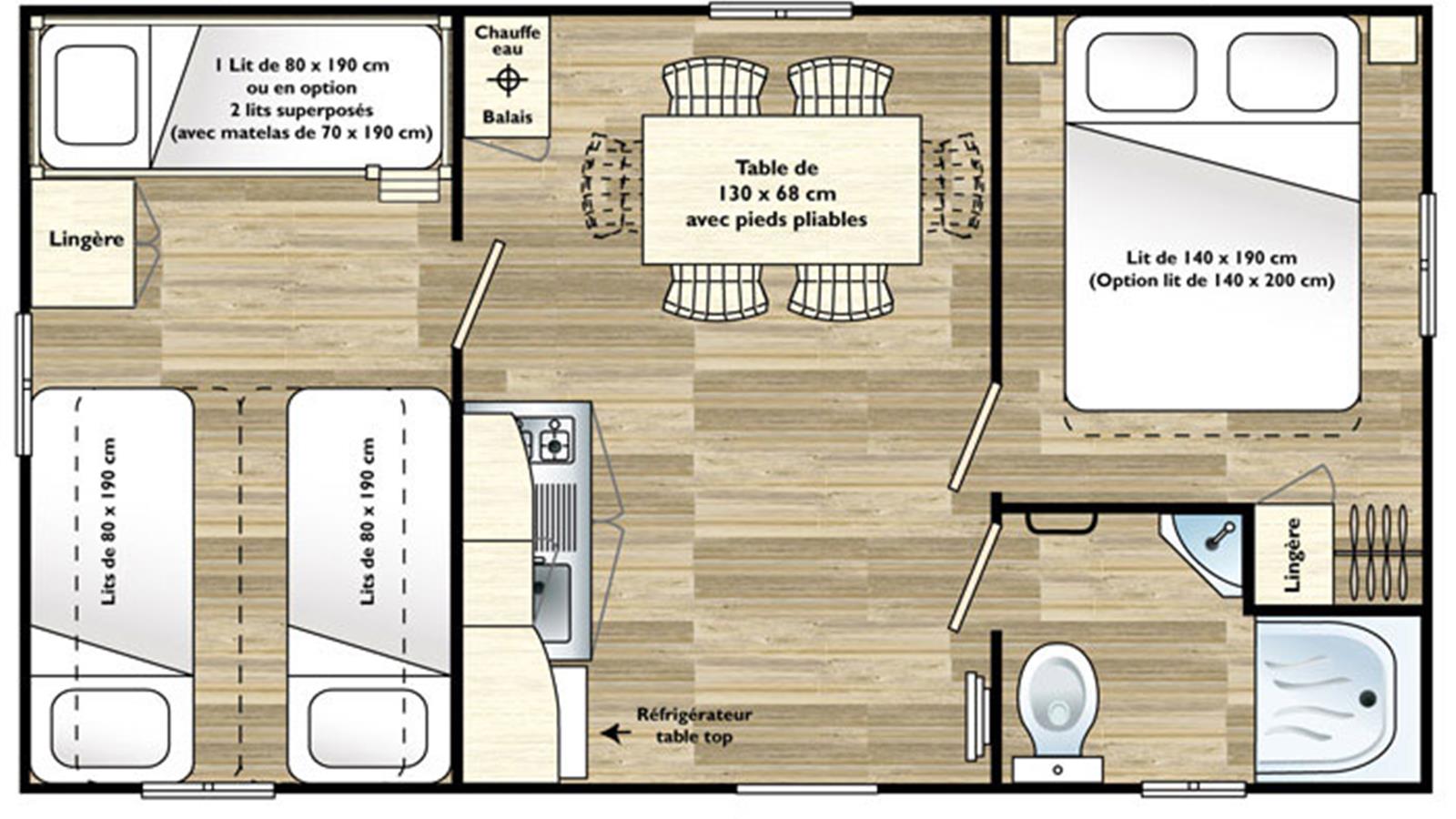 Plan mobil home Eco 2 ch 5pers - Camping La Siesta | La Faute sur Mer